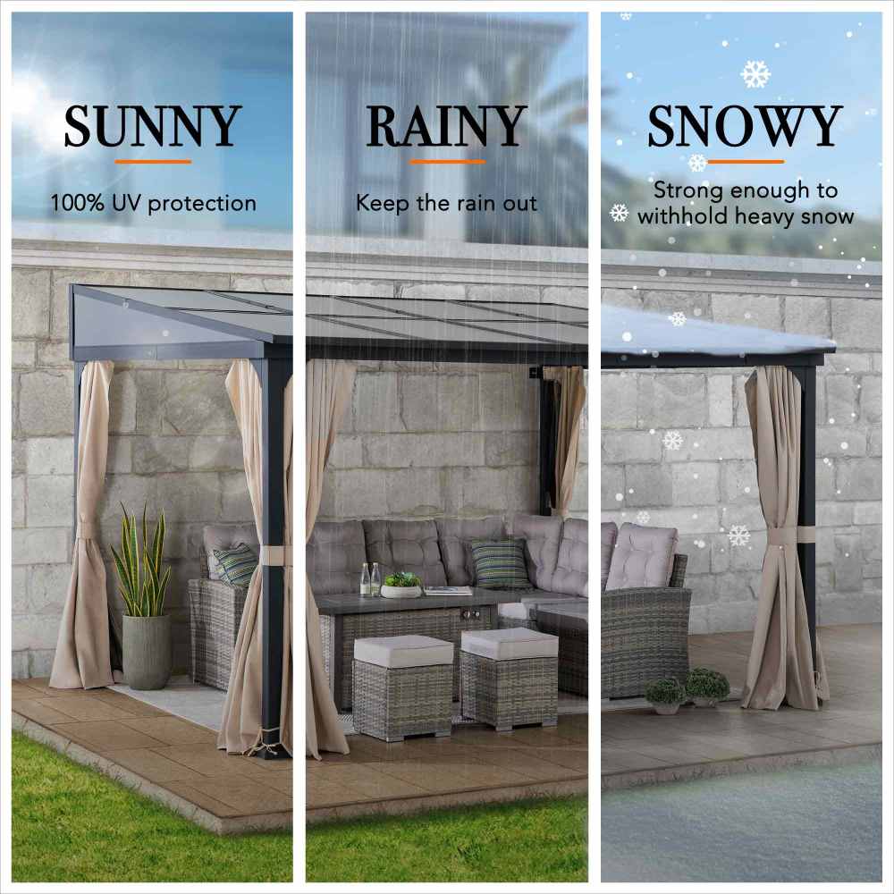 Mazonvintage 10x12 Polycarbonate Roof Wall Mounted Gazebo, Lean to Gazebo with Curtain and Netting