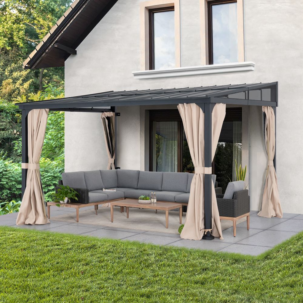 Mazonvintage 10x12 Metal Roof Wall Mounted Gazebo, Lean to Gazebo with Curtain and Netting