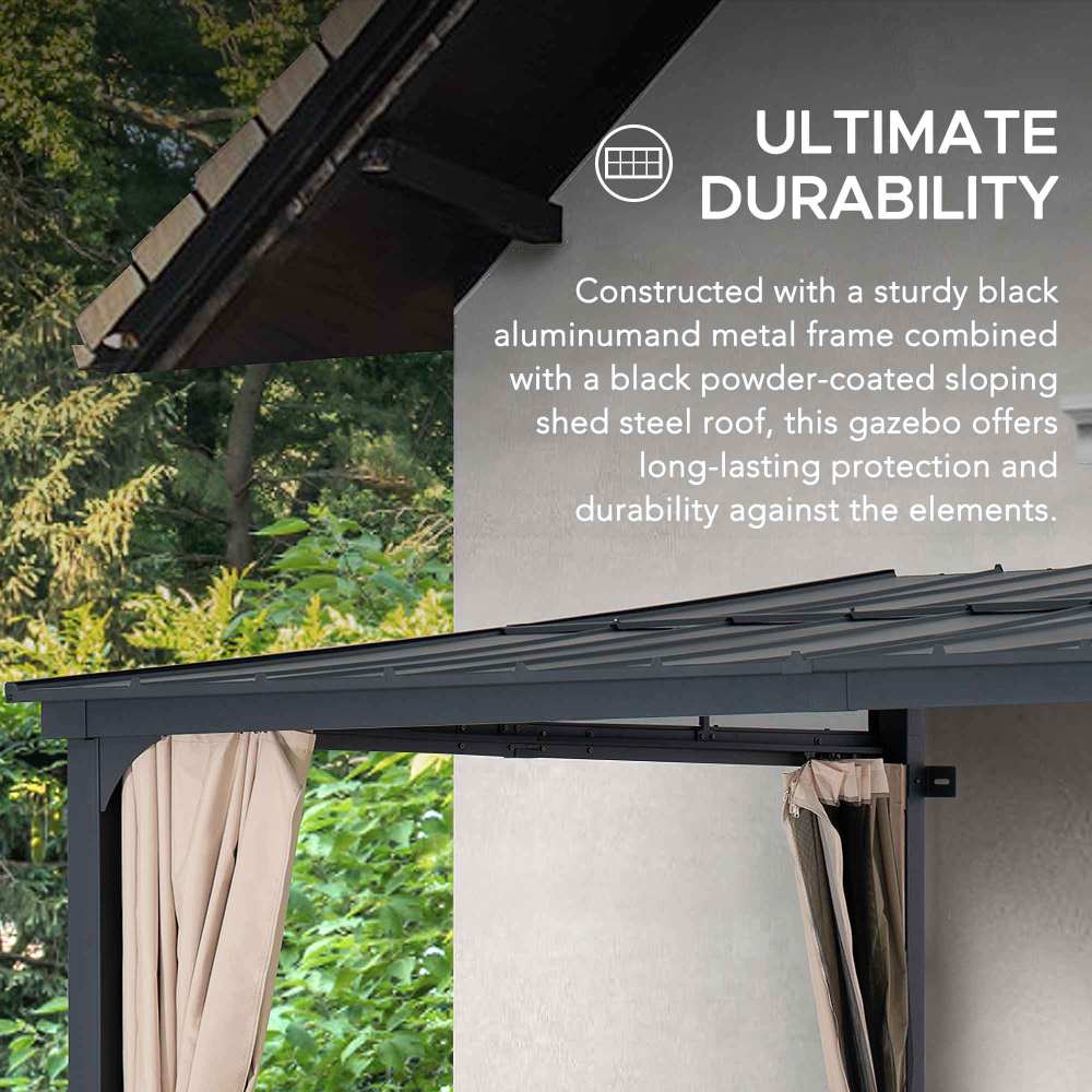 Mazonvintage 10x12 Metal Roof Wall Mounted Gazebo, Lean to Gazebo with Curtain and Netting