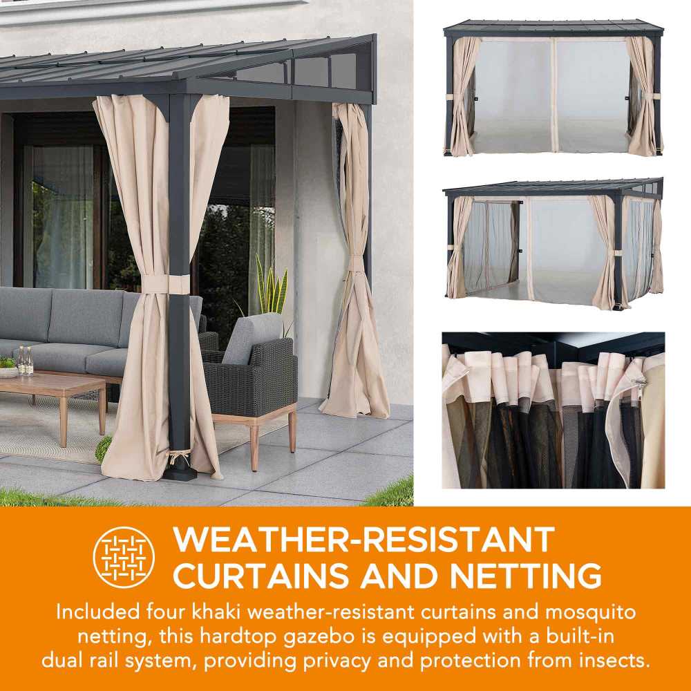 Mazonvintage 10x12 Metal Roof Wall Mounted Gazebo, Lean to Gazebo with Curtain and Netting