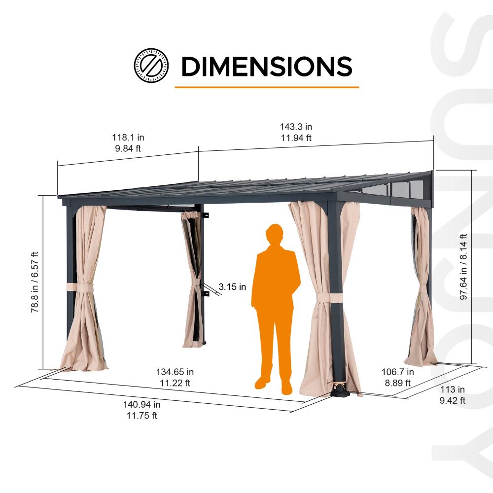 Mazonvintage 10x12 Metal Roof Wall Mounted Gazebo, Lean to Gazebo with Curtain and Netting