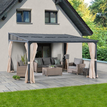 Mazonvintage 12x14 Metal Roof Wall Mounted Gazebo, Lean to Gazebo with Curtain and Netting