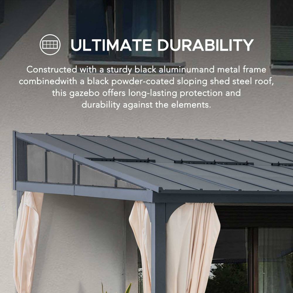 Mazonvintage 12x14 Metal Roof Wall Mounted Gazebo, Lean to Gazebo with Curtain and Netting