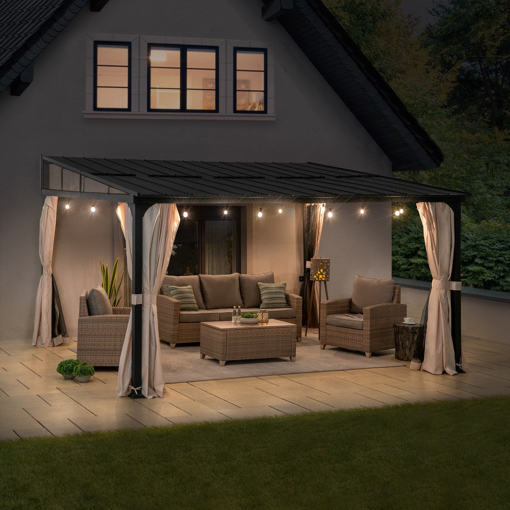 Mazonvintage 12x14 Metal Roof Wall Mounted Gazebo, Lean to Gazebo with Curtain and Netting