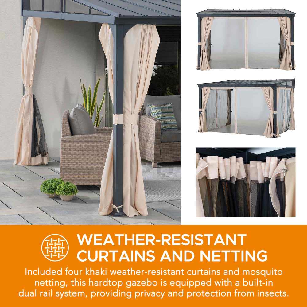Mazonvintage 12x14 Metal Roof Wall Mounted Gazebo, Lean to Gazebo with Curtain and Netting