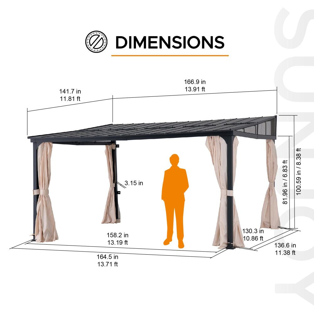 Mazonvintage 12x14 Metal Roof Wall Mounted Gazebo, Lean to Gazebo with Curtain and Netting