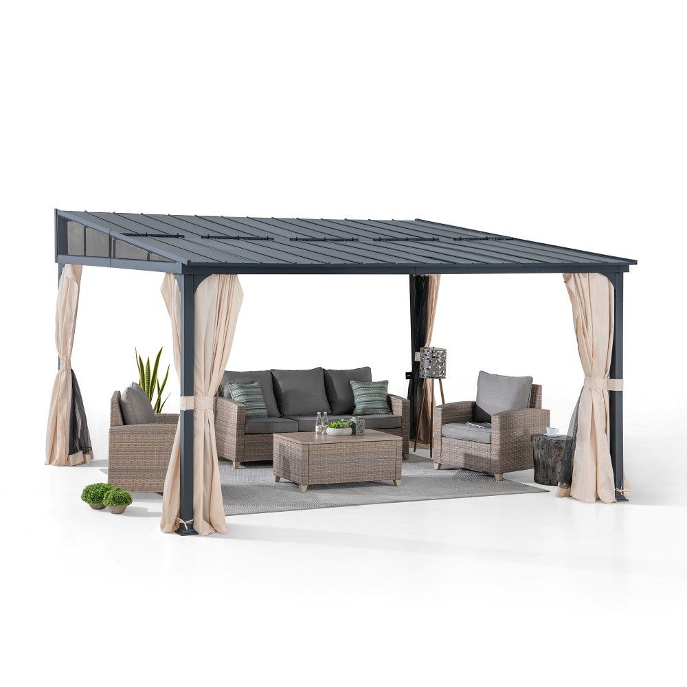 Mazonvintage 12x14 Metal Roof Wall Mounted Gazebo, Lean to Gazebo with Curtain and Netting