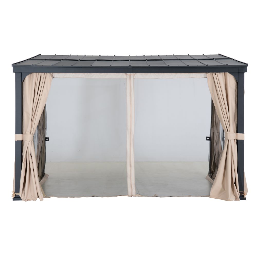 Mazonvintage 12x14 Metal Roof Wall Mounted Gazebo, Lean to Gazebo with Curtain and Netting