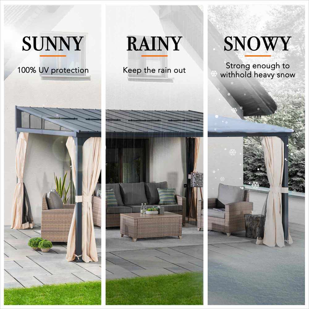 Mazonvintage 12x14 Metal Roof Wall Mounted Gazebo, Lean to Gazebo with Curtain and Netting