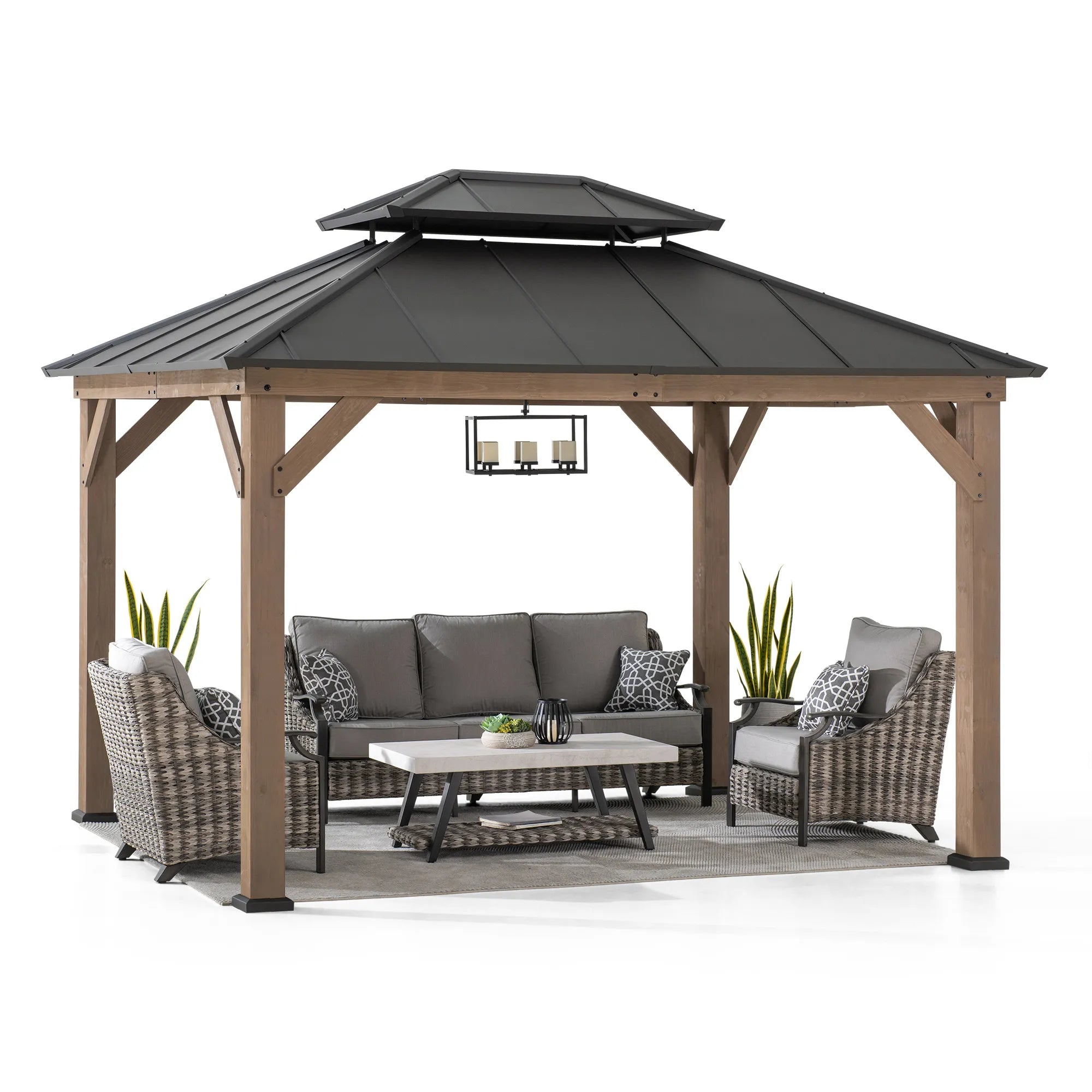 Mazonvintage 10x12 Wood Gazebo with 2-tier Metal Roof and Ceiling Hook - Weathered Cedar