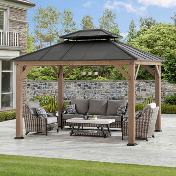 Mazonvintage 10x12 Wood Gazebo with 2-tier Metal Roof and Ceiling Hook - Weathered Cedar