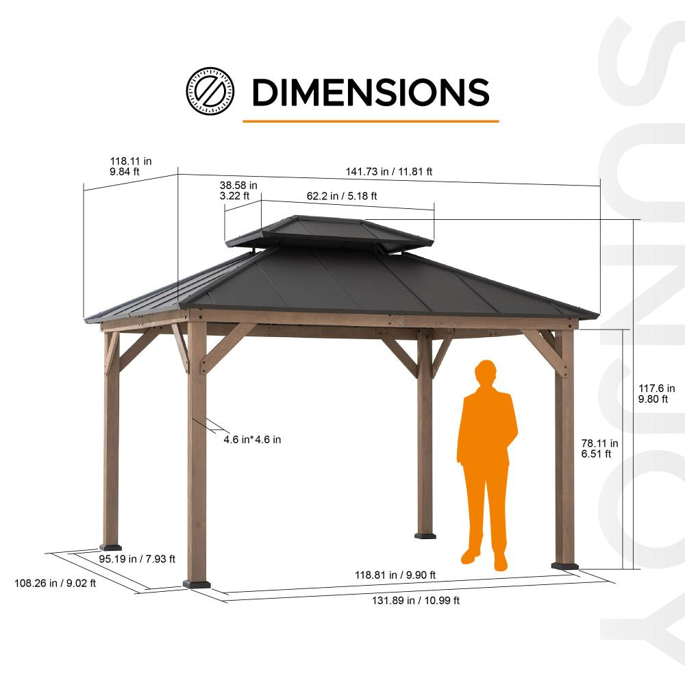 Mazonvintage 10x12 Wood Gazebo with 2-tier Metal Roof and Ceiling Hook - Weathered Cedar