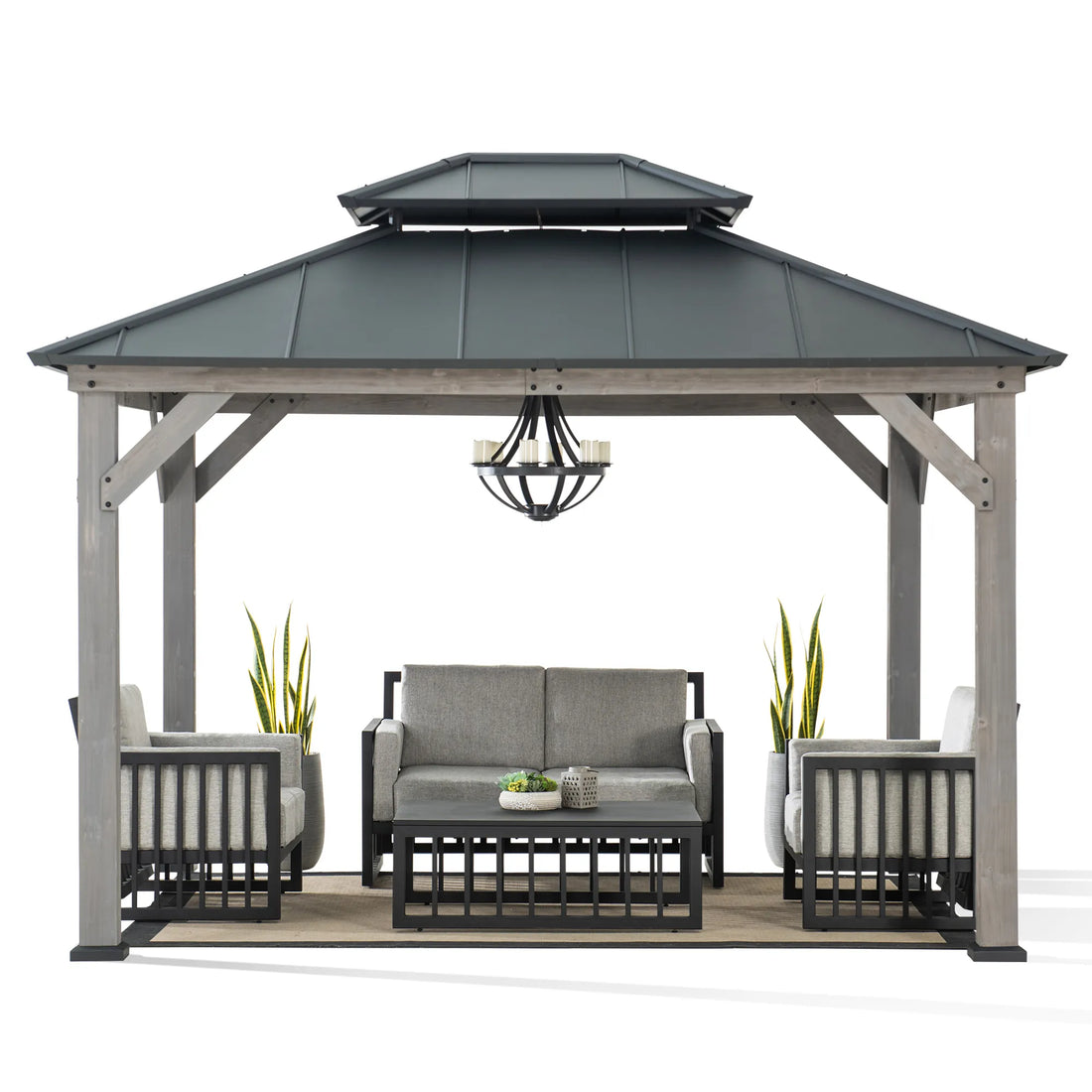 Mazonvintage 10x12 Wood Gazebo with 2-tier Metal Roof and Ceiling Hook - Driftwood Cedar