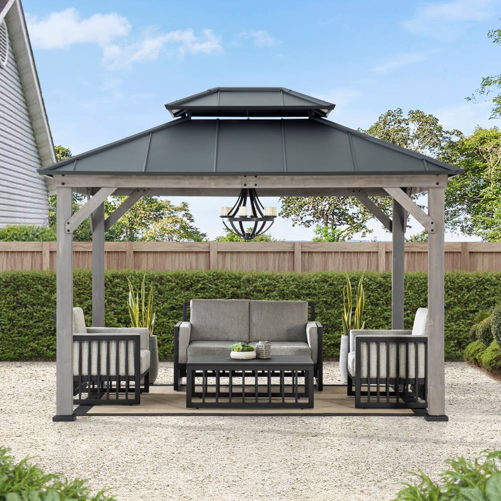 Mazonvintage 10x12 Wood Gazebo with 2-tier Metal Roof and Ceiling Hook - Driftwood Cedar