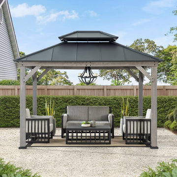 Mazonvintage 10x12 Wood Gazebo with 2-tier Metal Roof and Ceiling Hook - Driftwood Cedar