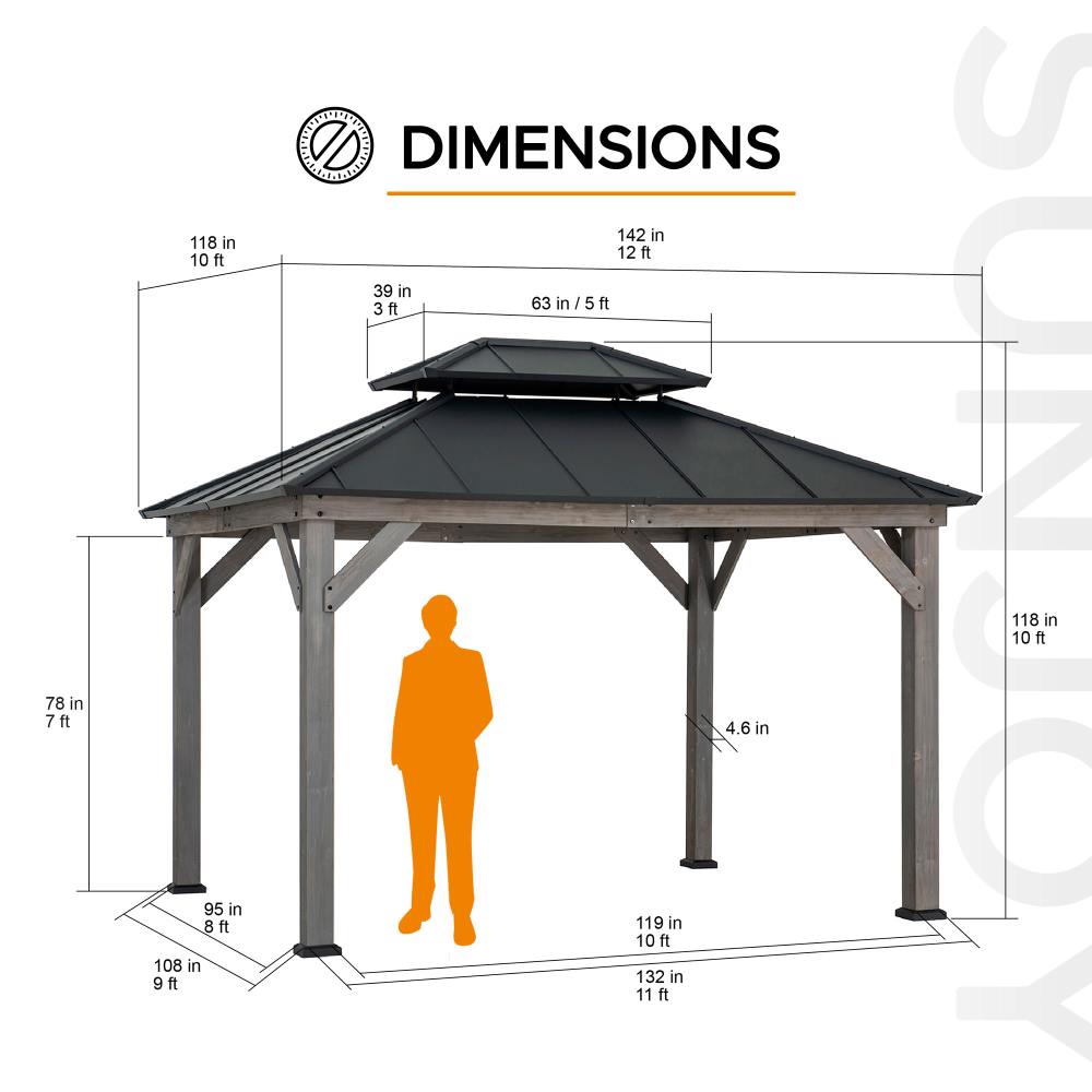 Mazonvintage 10x12 Wood Gazebo with 2-tier Metal Roof and Ceiling Hook - Driftwood Cedar