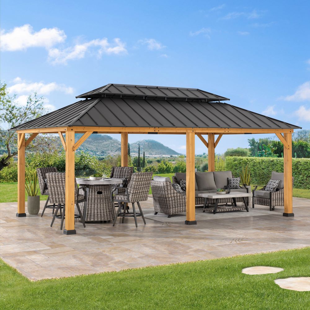 Mazonvintage 12x20 Cedar Frame Gazebo with Galvanized Steel Roof and Curtains