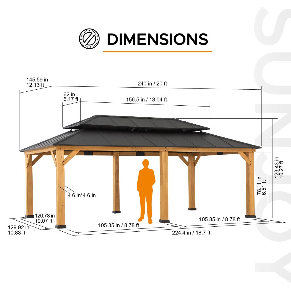 Mazonvintage 12x20 Patio Wooden Gazebo with Ceiling Hooks - Standard Natural wood