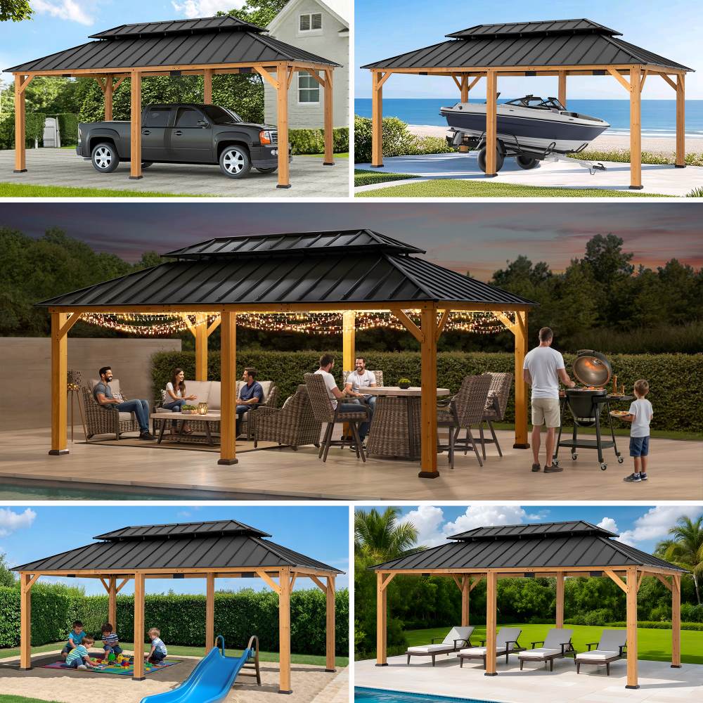 Mazonvintage 12x20 Patio Wooden Gazebo with Ceiling Hooks - Standard Natural wood