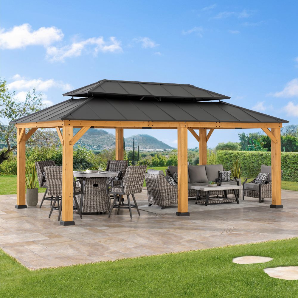 Mazonvintage 12x20 Aluminum Hardtop Gazebo with Dual Rails and Ceiling Hook - Natural Cedar