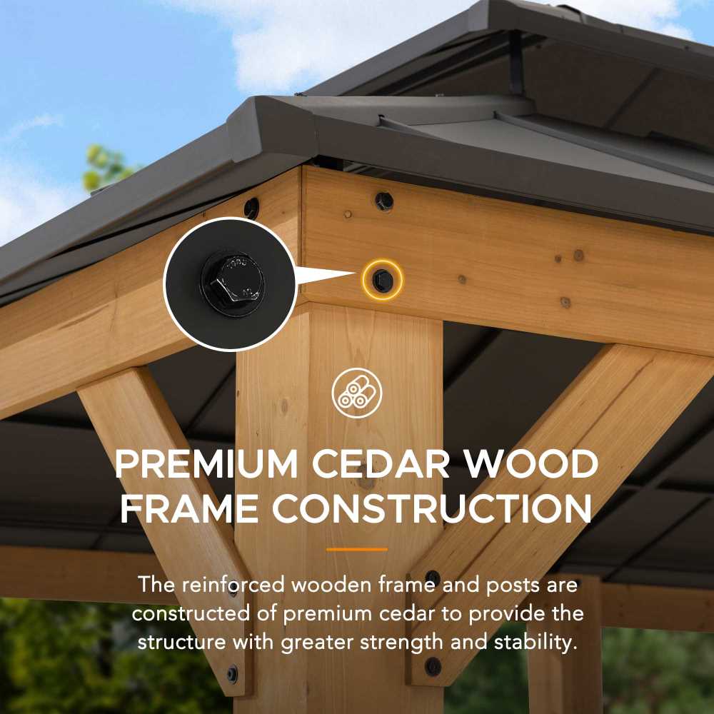 Mazonvintage 12x20 Aluminum Hardtop Gazebo with Dual Rails and Ceiling Hook - Natural Cedar