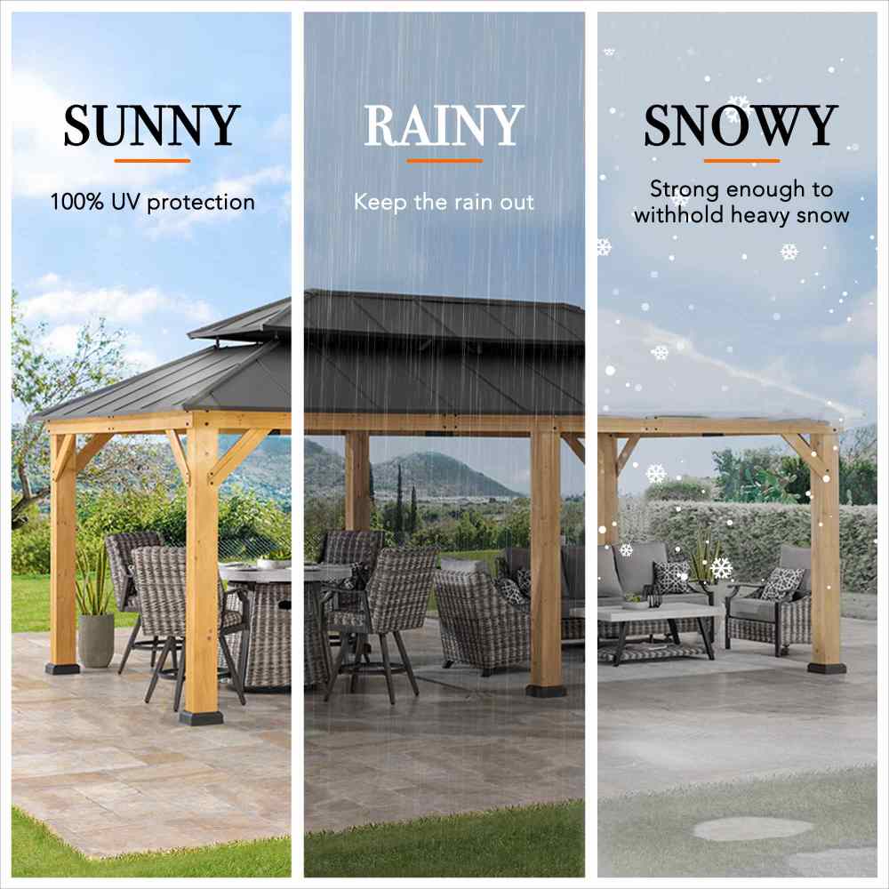 Mazonvintage 12x20 Aluminum Hardtop Gazebo with Dual Rails and Ceiling Hook - Natural Cedar