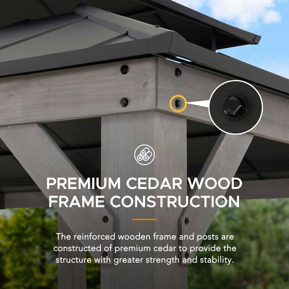 Mazonvintage 12x20 Aluminum Hardtop Gazebo with Dual Rails and Ceiling Hook - Driftwood Cedar