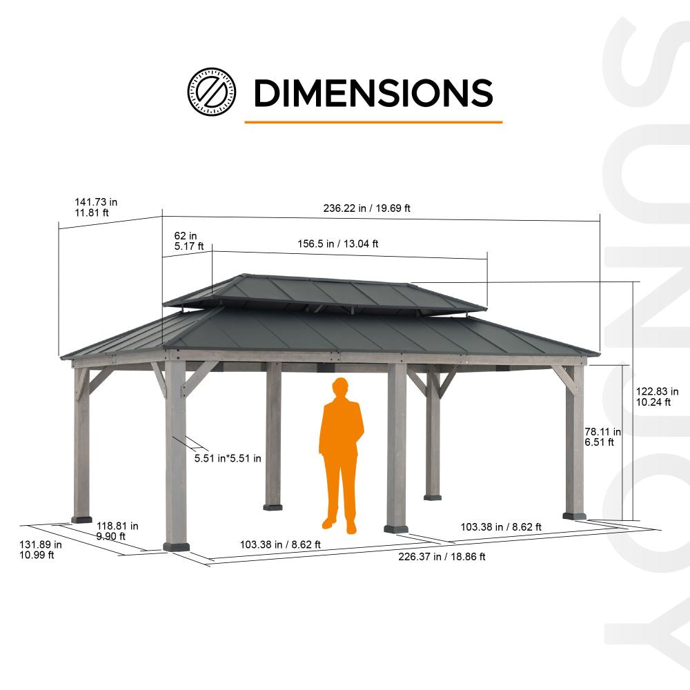 Mazonvintage 12x20 Aluminum Hardtop Gazebo with Dual Rails and Ceiling Hook - Driftwood Cedar