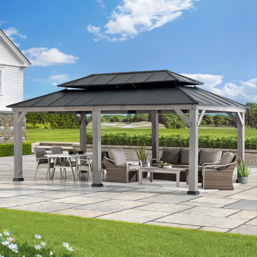 Mazonvintage 12x20 Aluminum Hardtop Gazebo with Dual Rails and Ceiling Hook - Driftwood Cedar