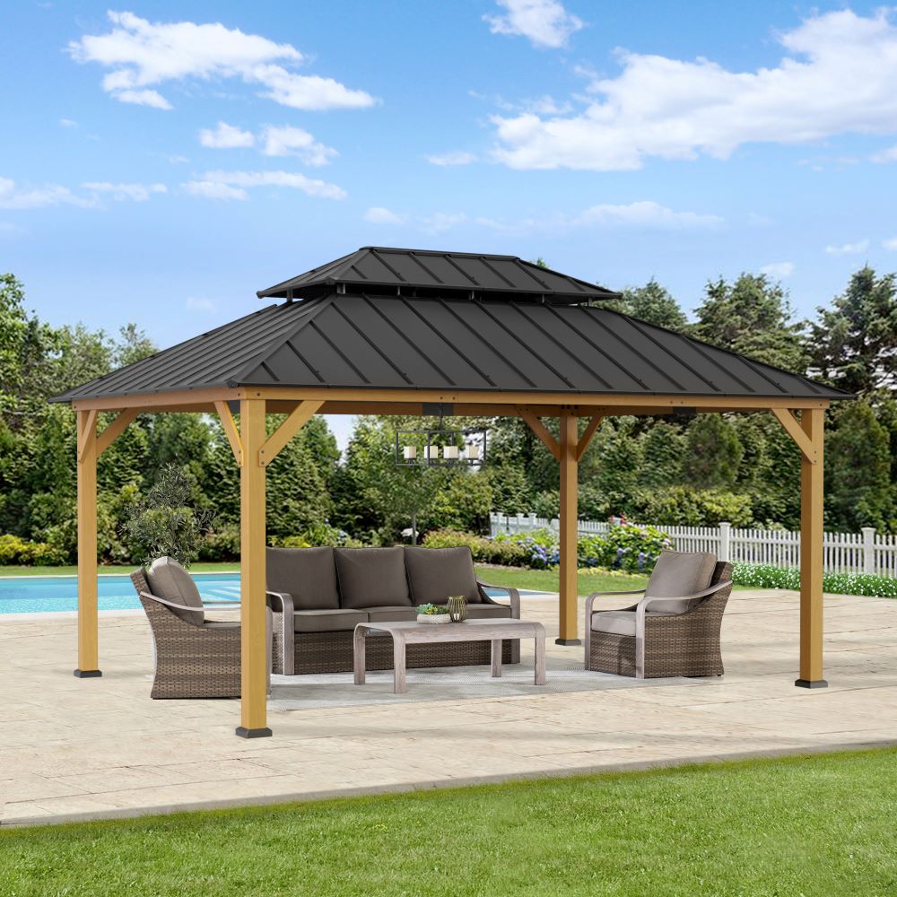 Mazonvintage 12x16 Wooden Gazebo with 2-tier Metal Roof and Ceiling Hook - Natural Cedar