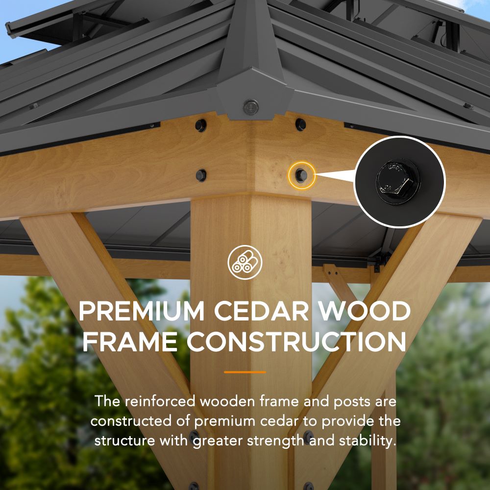 Mazonvintage 12x16 Wooden Gazebo with 2-tier Metal Roof and Ceiling Hook - Natural Cedar