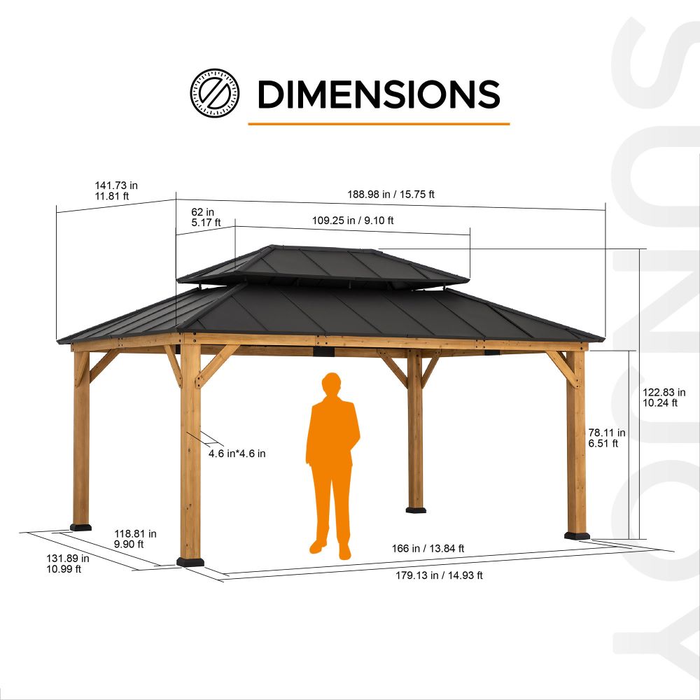 Mazonvintage 12x16 Wooden Gazebo with 2-tier Metal Roof and Ceiling Hook - Natural Cedar