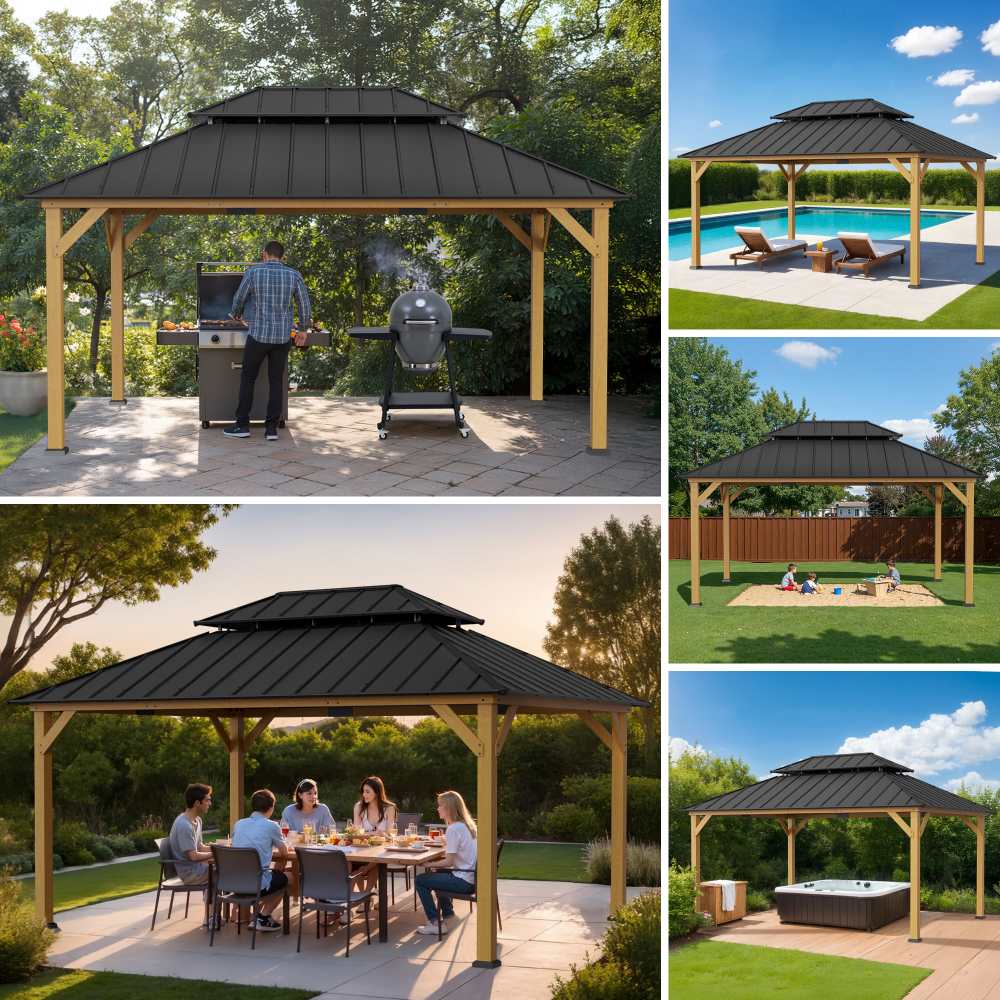 Mazonvintage 12x16 Wooden Gazebo with 2-tier Metal Roof and Ceiling Hook - Natural Cedar