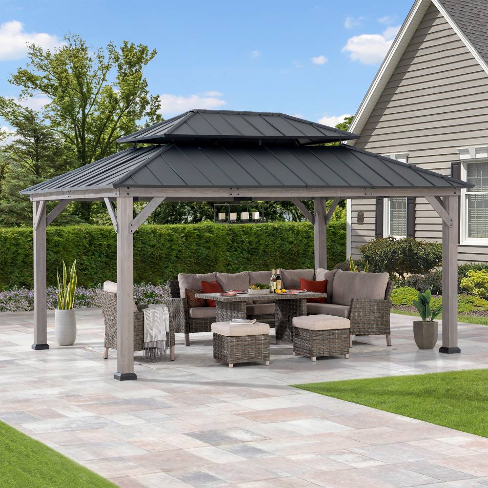Mazonvintage 12x16 Wooden Gazebo with 2-tier Metal Roof and Ceiling Hook - Driftwood Cedar