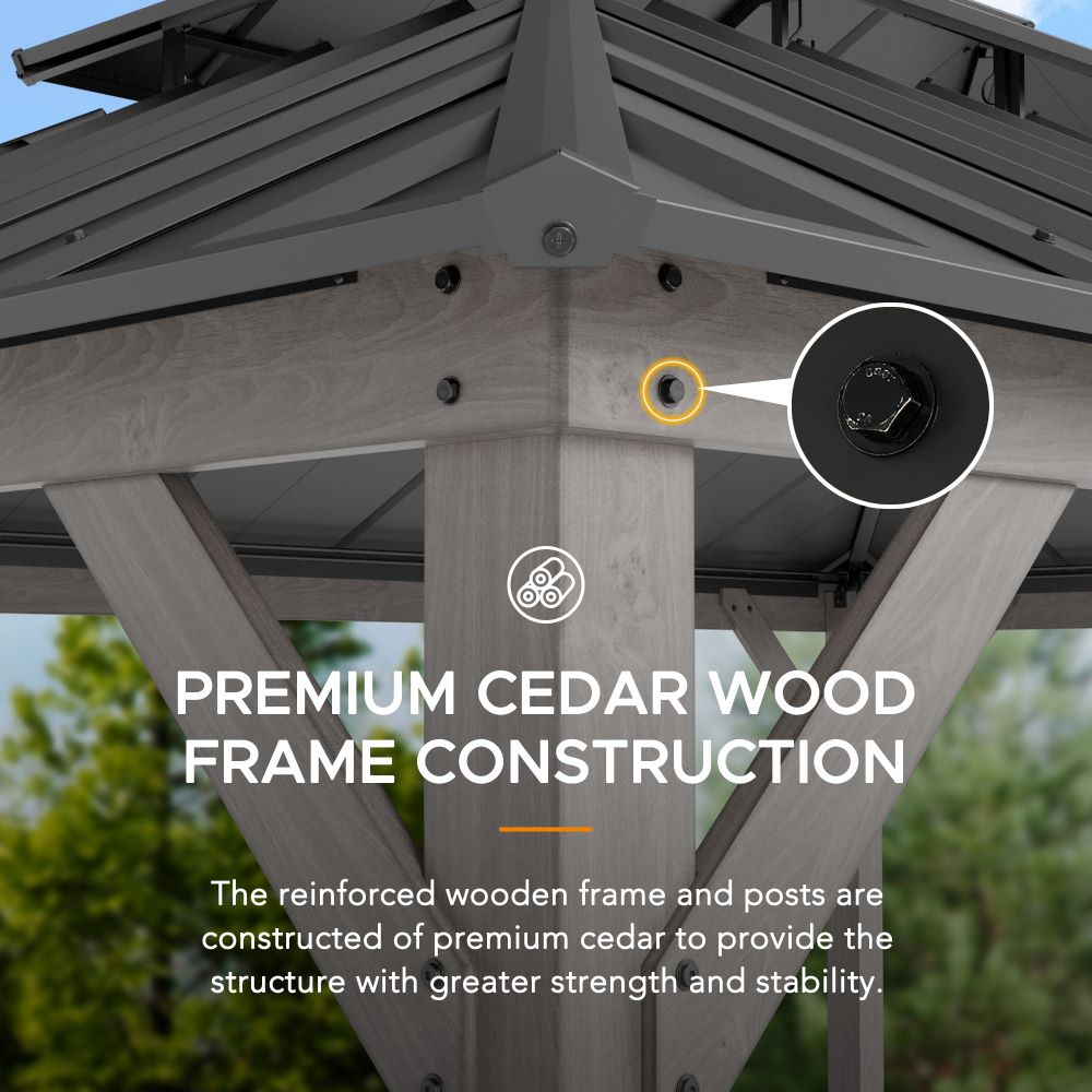 Mazonvintage 12x16 Wooden Gazebo with 2-tier Metal Roof and Ceiling Hook - Driftwood Cedar