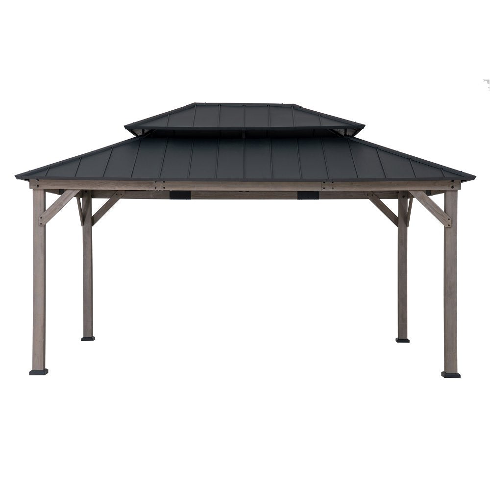 Mazonvintage 12x16 Wooden Gazebo with 2-tier Metal Roof and Ceiling Hook - Driftwood Cedar