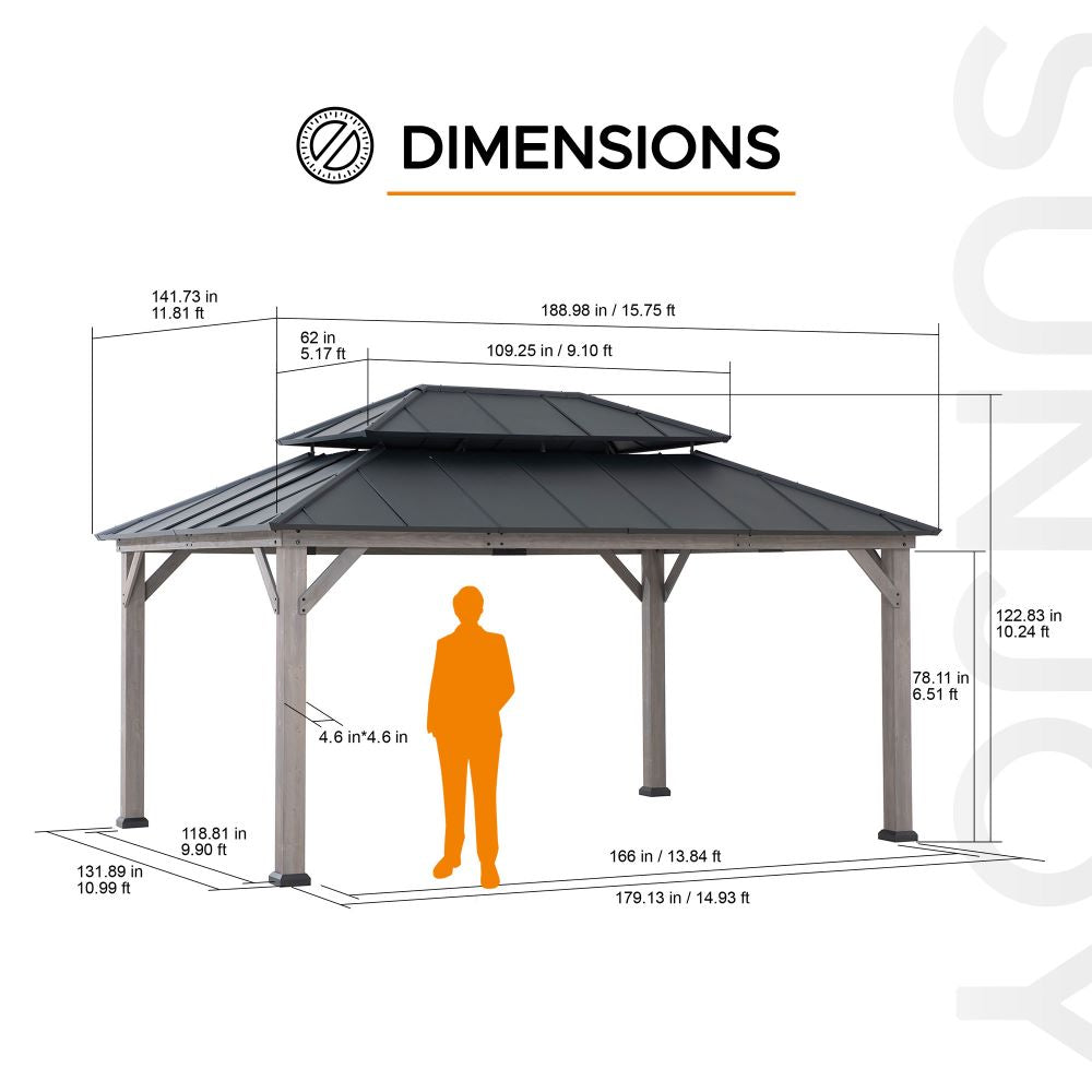 Mazonvintage 12x16 Wooden Gazebo with 2-tier Metal Roof and Ceiling Hook - Driftwood Cedar