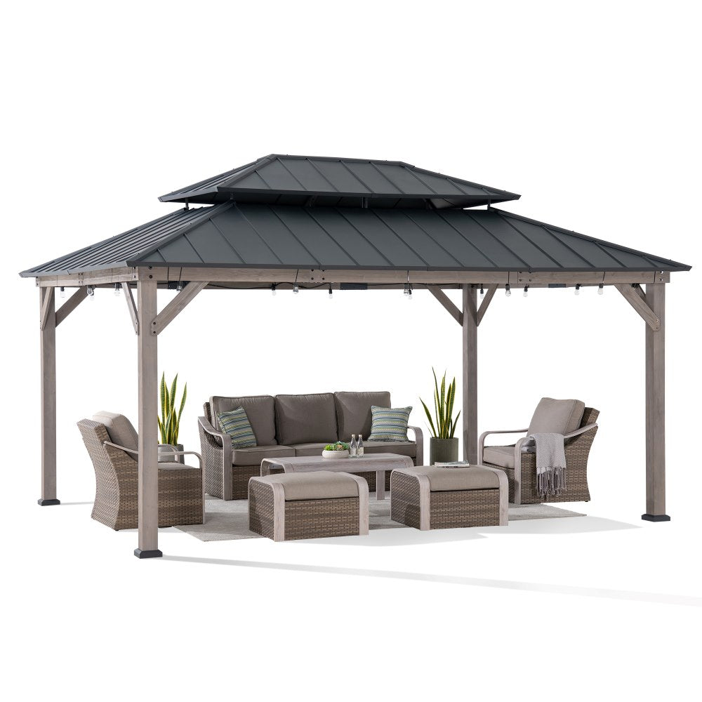 Mazonvintage 12x16 Wooden Gazebo with 2-tier Metal Roof and Ceiling Hook - Driftwood Cedar