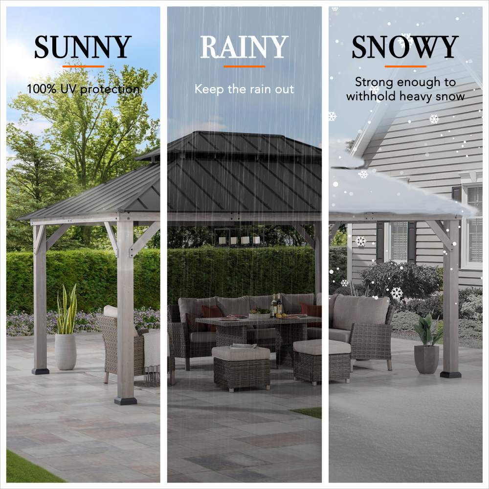 Mazonvintage 12x16 Wooden Gazebo with 2-tier Metal Roof and Ceiling Hook - Driftwood Cedar