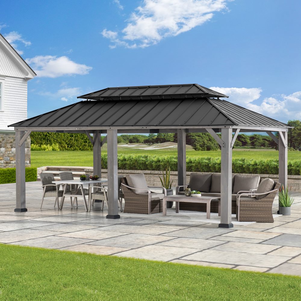 Mazonvintage 12x20 Cedar Hardtop Gazebo with 2 Ceiling Hooks - Driftwood Cedar