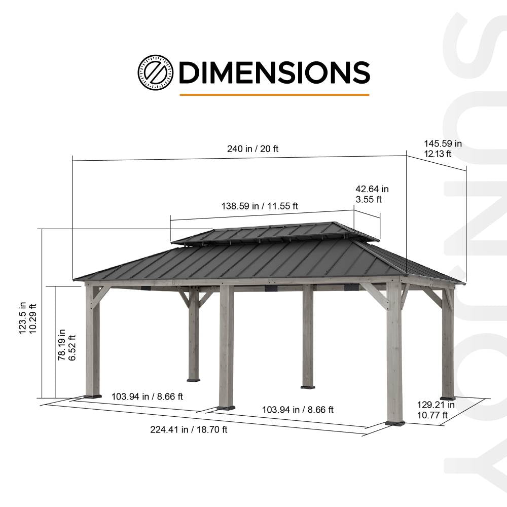 Mazonvintage 12x20 Cedar Hardtop Gazebo with 2 Ceiling Hooks - Driftwood Cedar