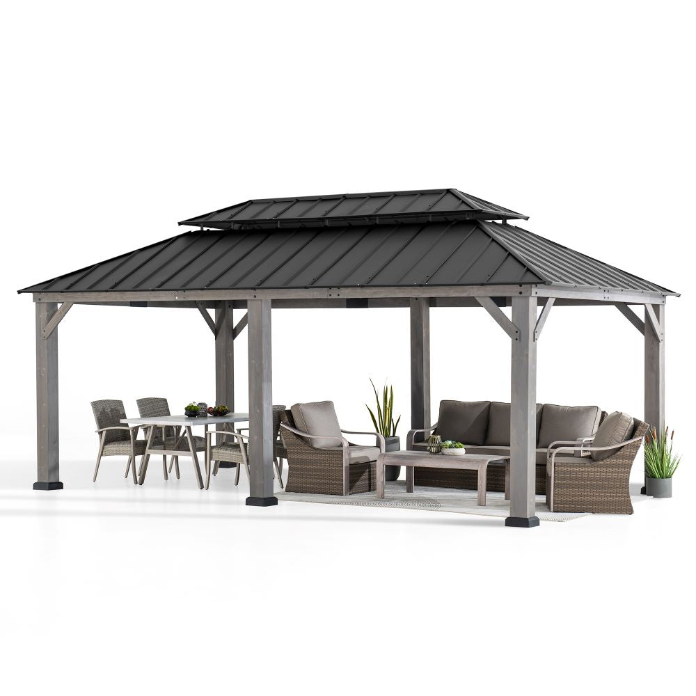 Mazonvintage 12x20 Cedar Hardtop Gazebo with 2 Ceiling Hooks - Driftwood Cedar