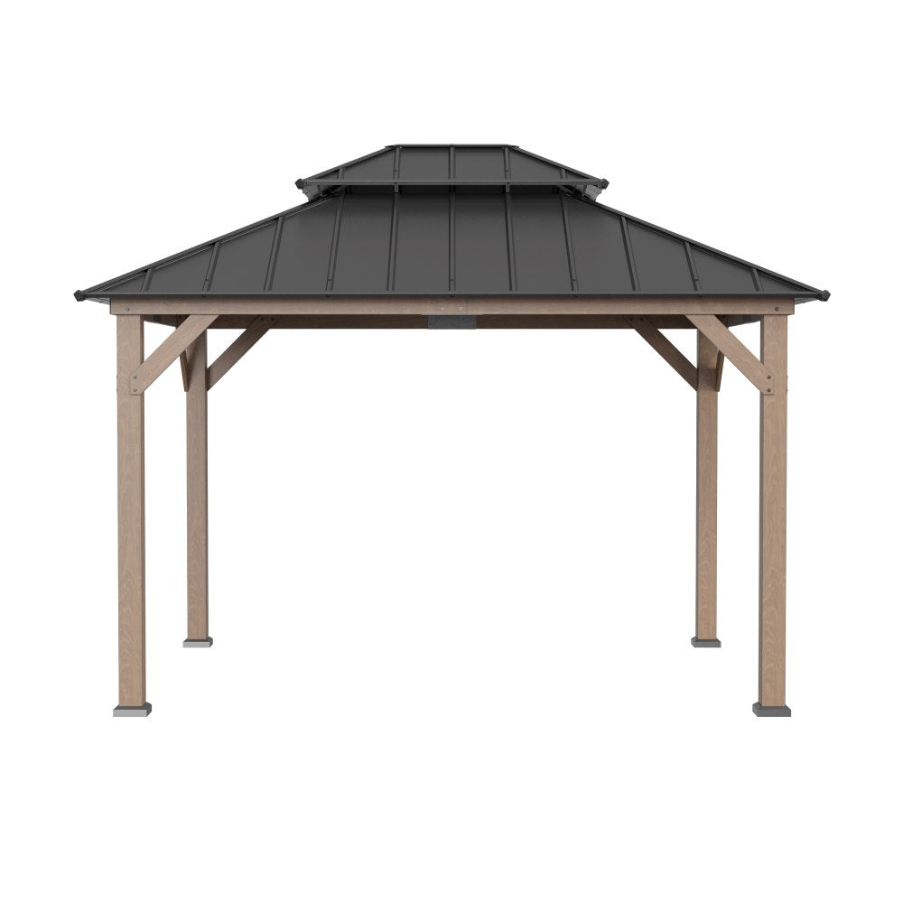 Mazonvintage 10x12 Cedar Wood Gazebo with Galvanized Steel Roof, LED String Lights & Mosquito Netting - Brown