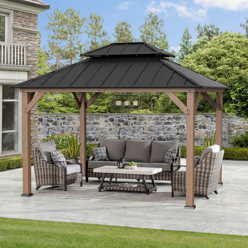 Mazonvintage 10x12 Cedar Wood Gazebo with Galvanized Steel Roof, LED String Lights & Mosquito Netting - Brown