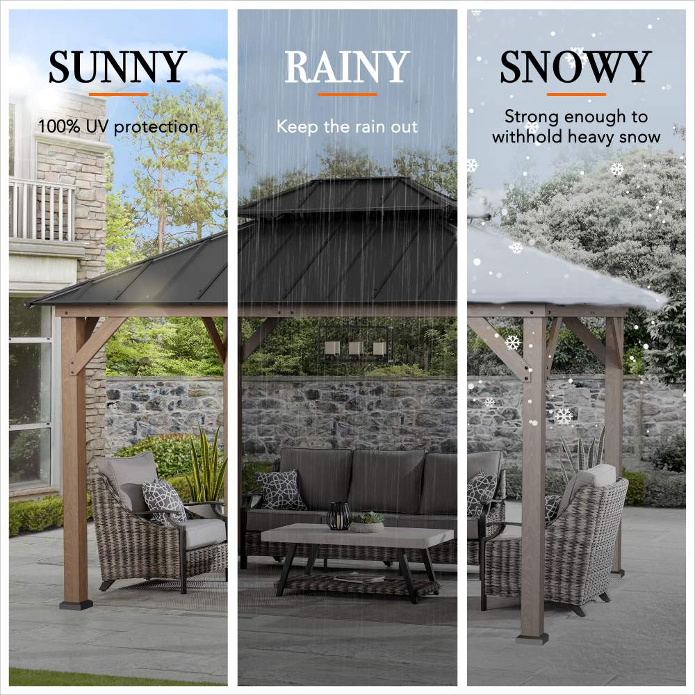 Mazonvintage 10x12 Cedar Wood Gazebo with Galvanized Steel Roof, LED String Lights & Mosquito Netting - Brown