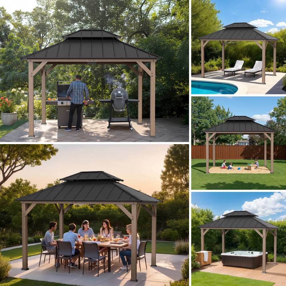 Mazonvintage 10x12 Cedar Wood Gazebo with Galvanized Steel Roof, LED String Lights & Mosquito Netting - Brown