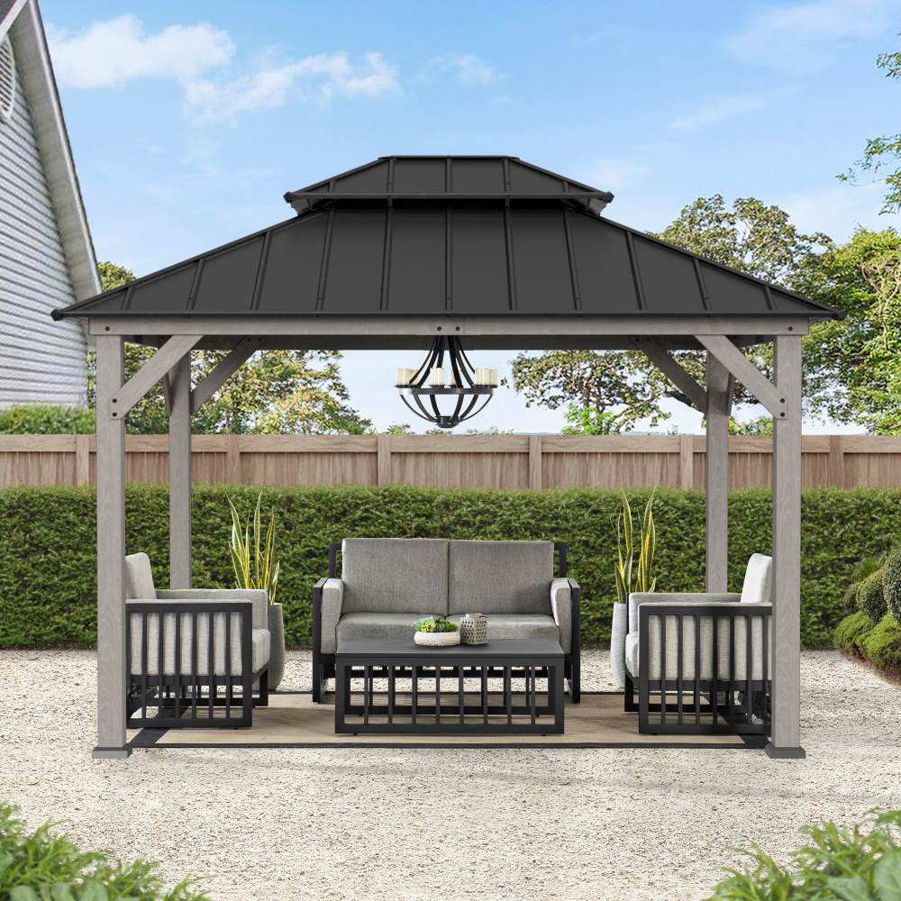 Mazonvintage 10x12 Cedar Wood Gazebo with Galvanized Steel Roof, LED String Lights & Mosquito Netting - Black