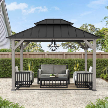Mazonvintage 10x12 Cedar Wood Gazebo with Galvanized Steel Roof, LED String Lights & Mosquito Netting - Black