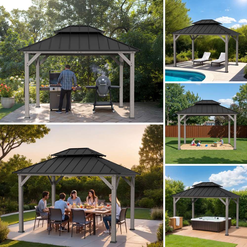 Mazonvintage 10x12 Cedar Wood Gazebo with Galvanized Steel Roof, LED String Lights & Mosquito Netting - Black