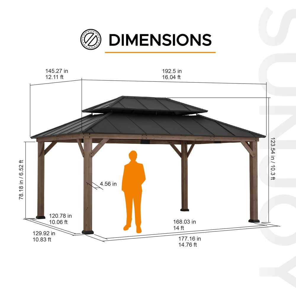 Mazonvintage 12x16 Patio Cedar Wood Gazebo with Galvanized Steel Roof & Mosquito Netting